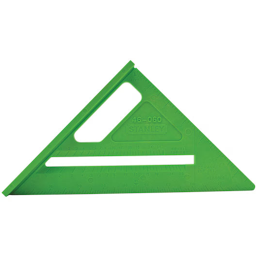 The STANLEY® ABS QUICKSQUARE is a green plastic triangular carpentry tool with measurement markings, a ruler along the edges, and a handle cutout. This woodworking tool is labeled Stanley 46-060.